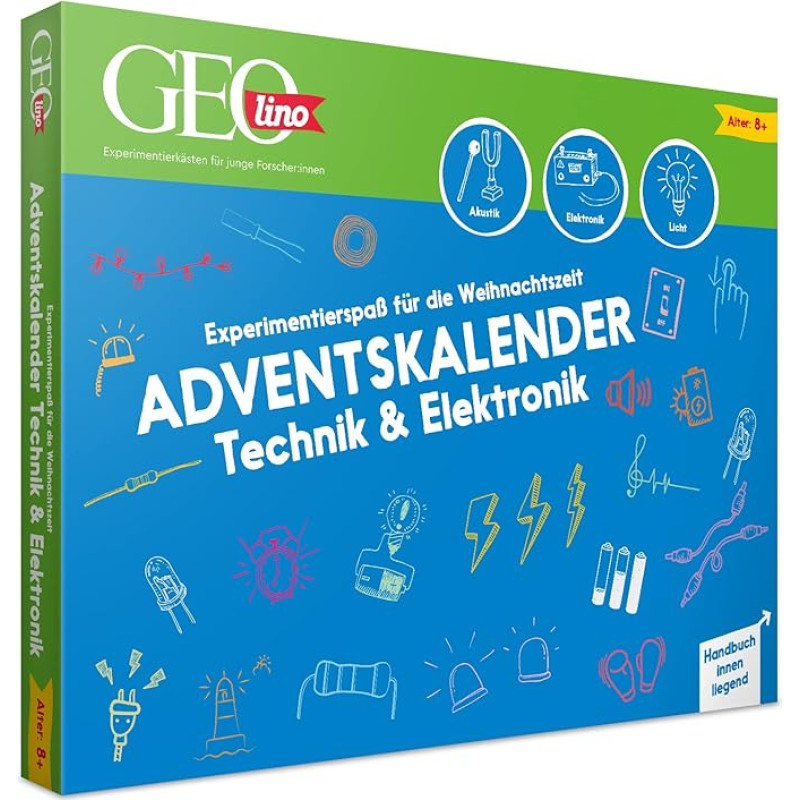 FRANZIS 67171 - GEOlino Advento kalendorius, 24 įdomūs eksperimentai iš technologijų ir elektronikos, su daugybe elektroninių komponentų, skirtas technikos mėgėjams vaikams nuo 8 metų