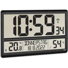 TFA Dostmann XL Digital Wall Clock 60.4520.01 with Temperature and Humidity, Weekday (8 Languages), Radio-Controlled Clock, Easy to Read, Large, Black, (L) 360 x (W) 235 x (H) 28 (84) mm