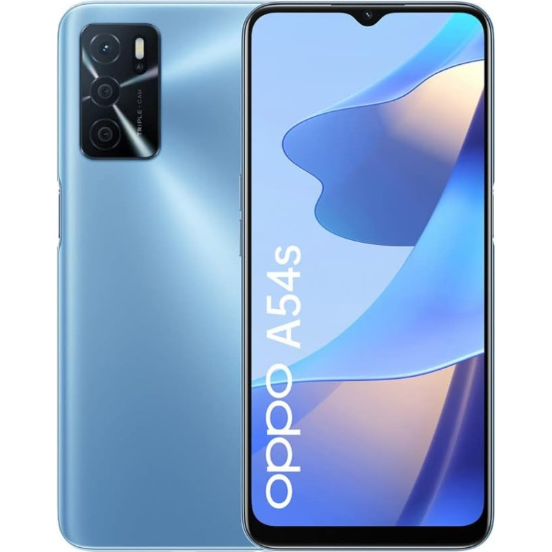 OPPO A54s išmanusis telefonas - 16,6 cm (6,52 colio) IPS LCD ekranas, 4 GB RAM, 128 GB vidinės atminties, 50 megapikselių triguba kamera, 5000 mAh baterija, perlamutrinės mėlynos spalvos