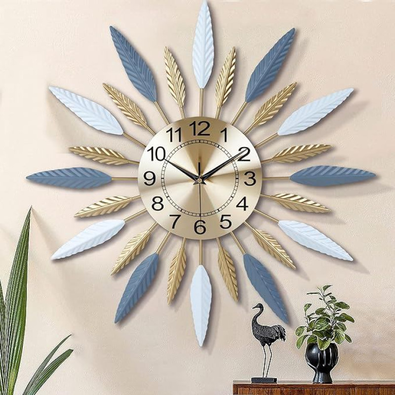 Lafocuse Gold Wall Clock Large Metal Silent Wall Clock Modern Creative Radiant Feathers No Ticking Art Decoration for Living Room Bedroom Kitchen 56 cm