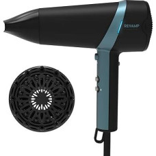 REVAMP Progloss Ionen Hair Dryer 2300 W - Lightweight, Portable Hair Dryer with Straightening Nozzle and Volume Attachment, Ion Function and Progloss Oils Keratin, Coconut & Argan Enriched, Black/Blue