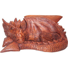 Brave Wings Hand Carved Wood - Treasure Holder Sleeping Dragon - Wooden Ornament Sculpture Figure Statue Unique Table Decoration Home Decor Gift for Christmas - 5015H