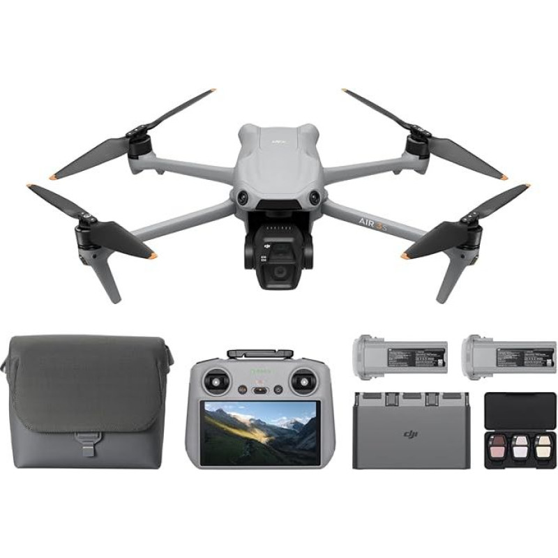 DJI Air 3S Fly More Combo (RC 2 Remote Control with Screen), Drone with 1 Inch CMOS Wide Angle & Medium Telephoto for Adults, 4K/60fps, Omnidirectional Detection & 3 Batteries for Longer Flight Time