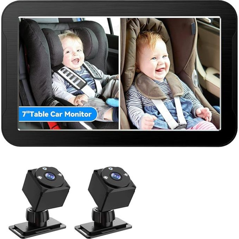 Kūdikių automobilio kamera 1080P 7 colių kūdikių automobilio monitorius su dviguba galine kamera ir naktiniu matymu, 360° kampu besisukanti saugos automobilio sėdynės veidrodžio kamera, skirta į galą atsuktoms kūdikių sėdynėms