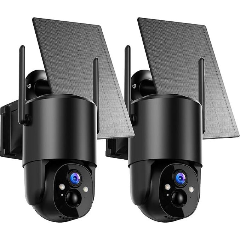 Pack of 2 Outdoor Surveillance Cameras Battery Solar: 2K Camera Surveillance Outdoor 360° Pan WiFi IP Camera Outdoor Wireless 2.4G WiFi Outdoor Camera with Night Vision in Colour PIR Motion Sensor