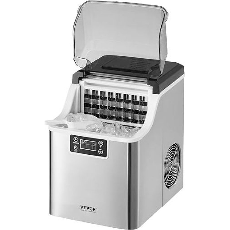 VEVOR ledo kubelių gaminimo aparatas Ledo kubelių gaminimo aparatas 24 kubeliai per 15 minučių 20,4 kg / 24 h, nešiojamasis ledo kubelių gaminimo aparatas su kastuvu ir krepšeliu, 3 dydžių ledo gaminimo aparatas, skirtas virtuvės barui ir vakarėliams