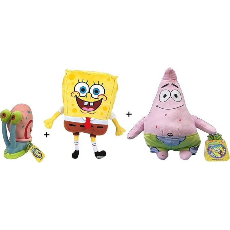 Kempiniukas Plačiakelnis - 3 pliušinių žaislų rinkinys Bobas (28 cm) + Patrikas (31 cm) + Garis (13 cm) - Kokybiškas minkštas