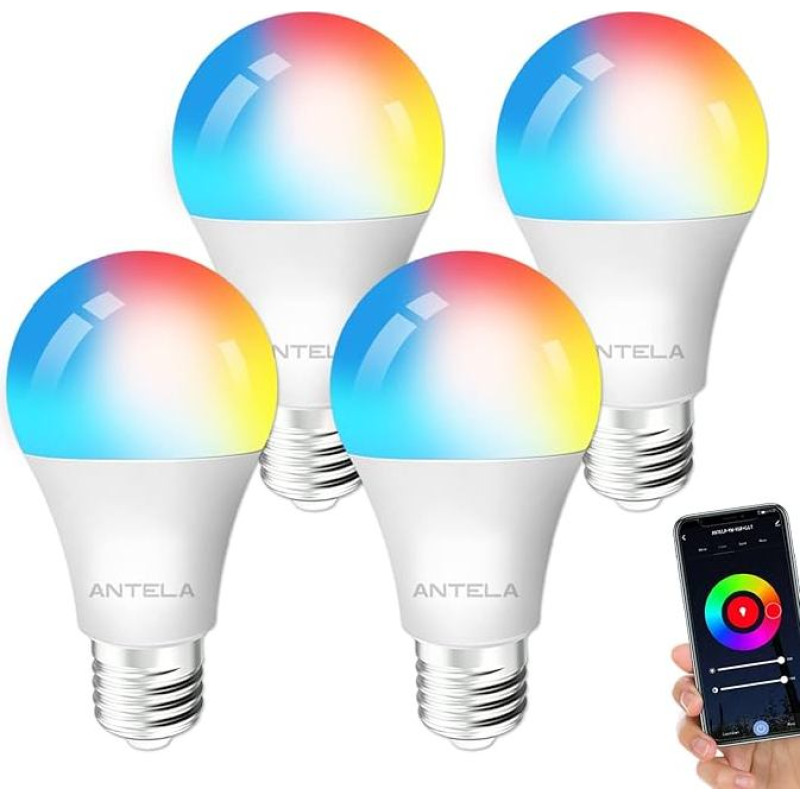 ANTELA Alexa Light Bulb E27 9W 806LM RGB 2700K-6500K Warm White Cool White Light Smart WiFi LED Dimmable Bulb Lamp, Compatible with Google Home, Pack of 4