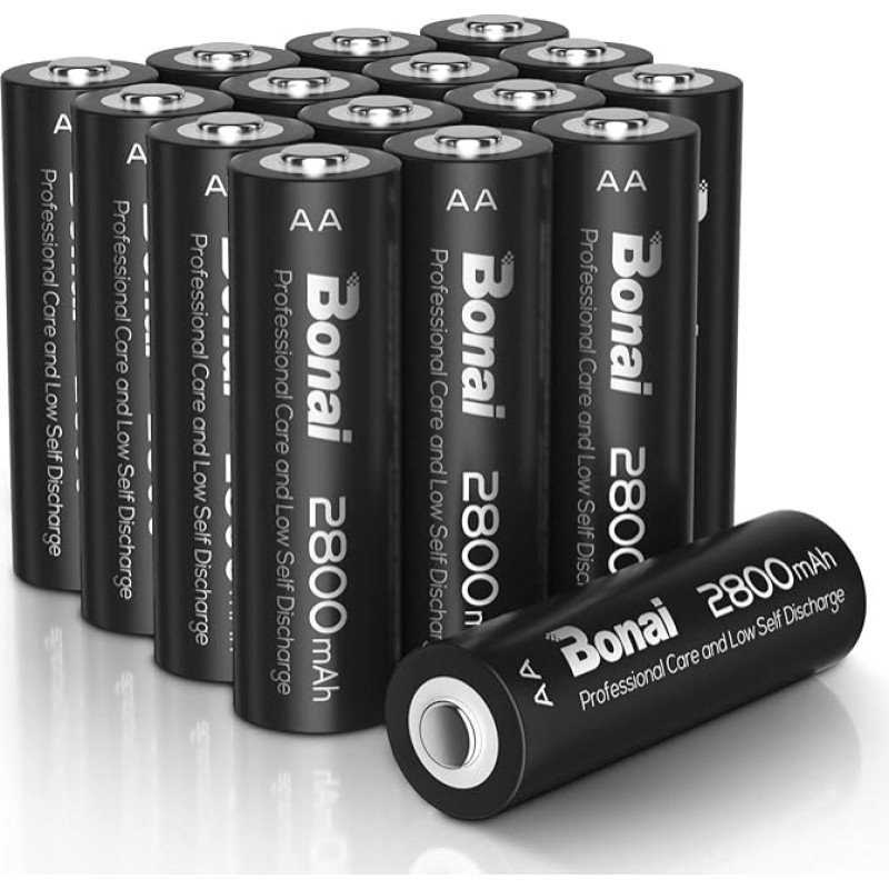 BONAI Akku AA 2800mAh 16 Stück Wiederaufladbare Batterien hohe Kapazität 1,2V Mignon AA Accu NI-MH Aufladbare Akkubatterien HR6 Rechargeable Battery geringe Selbstentladung