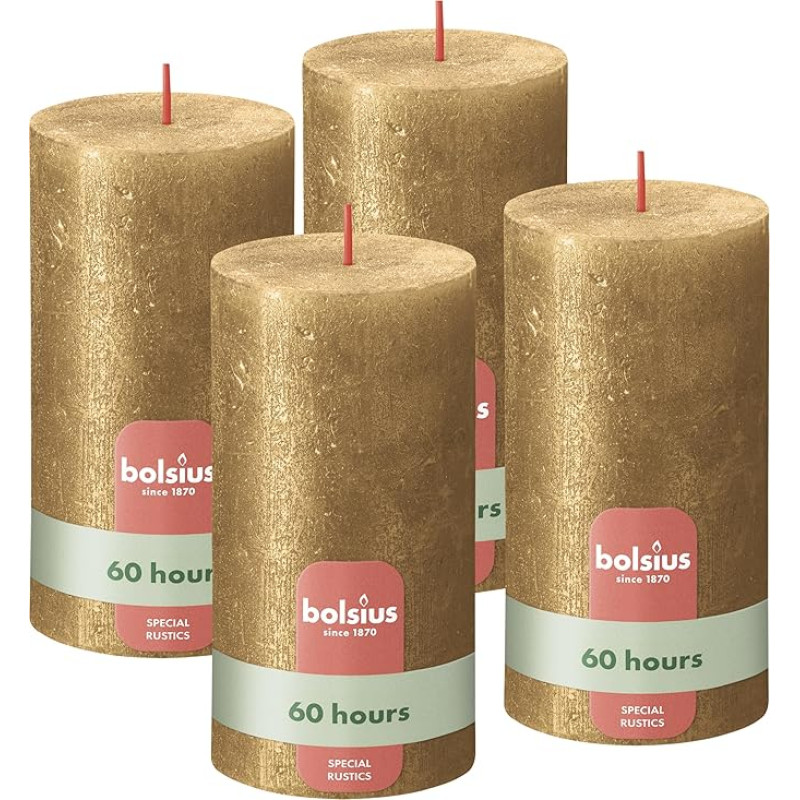 Bolsius Rustic Pillar Candles - Shimmer Gold - Set of 4 - Decorative Household Candles - Length Burning Time 60 Hours - Unscented - Natural Plant Wax - Without Palm Oil - 13 x 7 cm