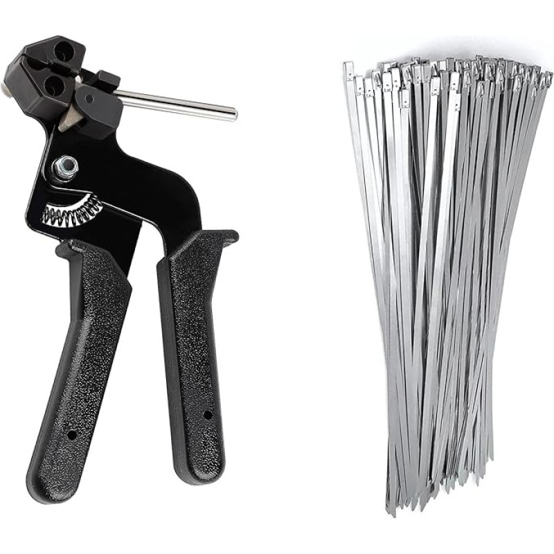 EXLECO Cable Tie Pliers with 100 Stainless Steel Cable Ties 4.6 x 300 mm Cable Tie Gun Metal Cable Tie Pliers Cable Tie Tool Automatic Cable Tie Tensioner Cable Tie Attachment with Cutter