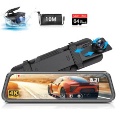 4K Dash Cam 10 Inch Mirror Dash Cam with Rear View Camera 170° Wide Angle Dash Cam Car Mirror Front Rear with 64G SD Card Dashcam Rear View Mirror with WDR Night Vision Reversing Aid Parking