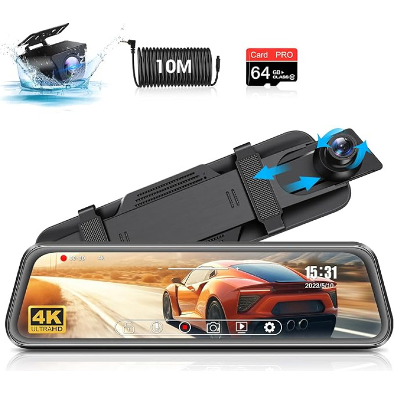4K Dash Cam 10 colių veidrodis Dash Cam su galinio vaizdo kamera 170 ° plataus kampo Dash Cam automobilio veidrodis priekinis galinis su 64G SD kortele Dashcam galinio vaizdo veidrodis su WDR naktinio matymo atbulinės eigos pagalba parkavimas