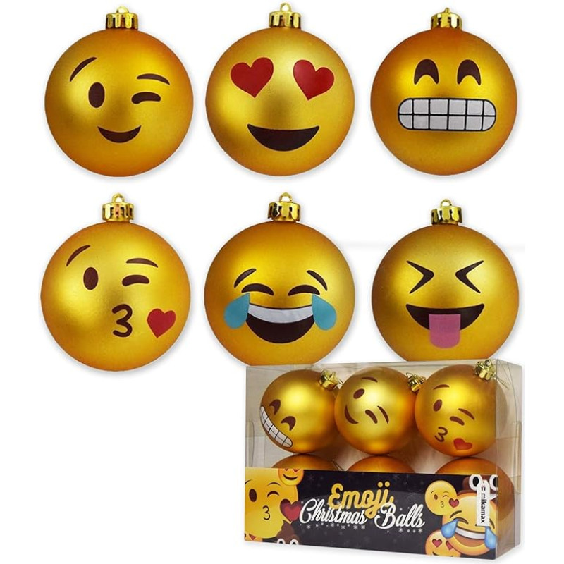 mikamax - Kalėdiniai rutuliukai - Emoji Kalėdų rutuliukai - 6 rutuliukų rinkinys - Kalėdiniai papuošalai - 8 cm