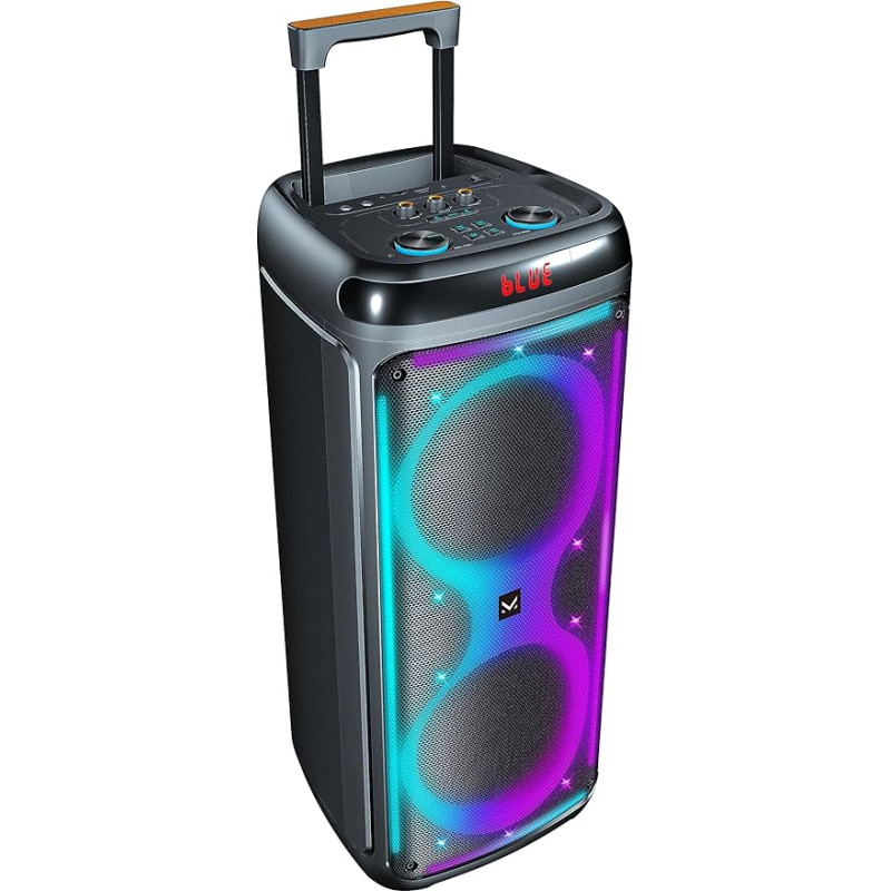 Majestic Flame T88 Bluetooth Speaker with Trolley, LED Lights, USB/Micro SD/AUX/MIC, Remote and Microphone, TWS, Rechargeable Battery, Carry Handle and Wheels for Transport