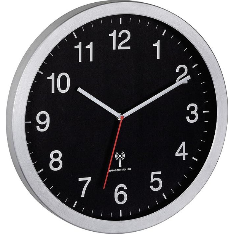 TFA Dostmann XL 60.3545.01 Analogue Radio Clock Easy to Read with Second Hand Black Silver (L) 400 x (W) 50 x (H) 400 mm