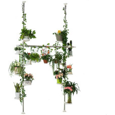 Baoyouni Indoor Plant Stands Spring Double Tension Pole Metal Flower Display Rack Space Saver Corner Floral Pot Storage Shelf with 12 Trays, 2 Hooks & 1 Telescopic Rod for Clothes Drying Hanger, Ivory