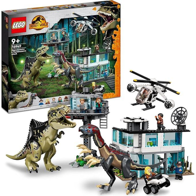 LEGO 76949 Juros periodo pasaulio giganotozauro ir terizinosauro atakos rinkinys su žaisliniu sraigtasparniu, garažu, žaisliniu automobiliu ir 2 dinozaurų figūrėlėmis, dovana Juros periodo parko serijos gerbėjams