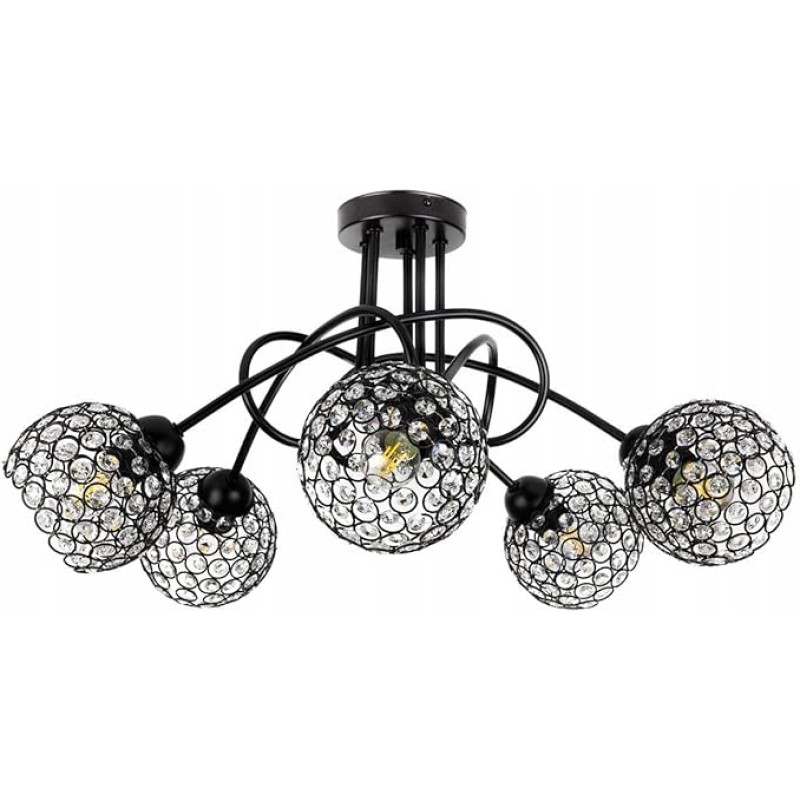 Light-Home Crystal Ceiling Lighting Lamps Ceiling Lights – Industrial Ceiling Light for Living Room Bedroom and Dining Room – Pendant Light Glass with Metal 5 Bulbs – Black