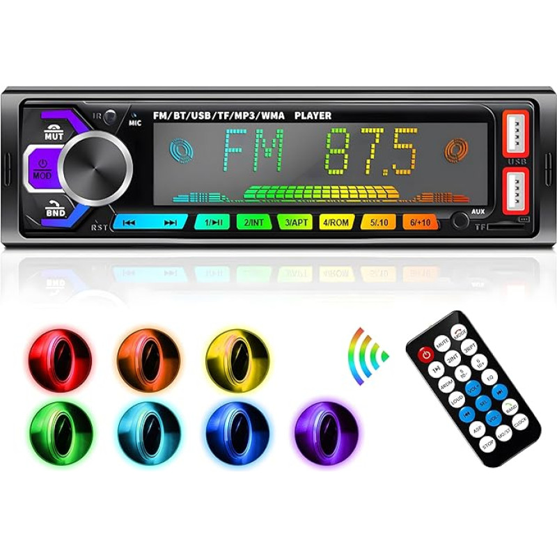 Car Radio Bluetooth 5.0, FM 7 Colours Light Adjustable Car Radio with Bluetooth Hands-Free Calling, with 2USB/AUX/TF MP3 Player, Compatible with iOS and Android