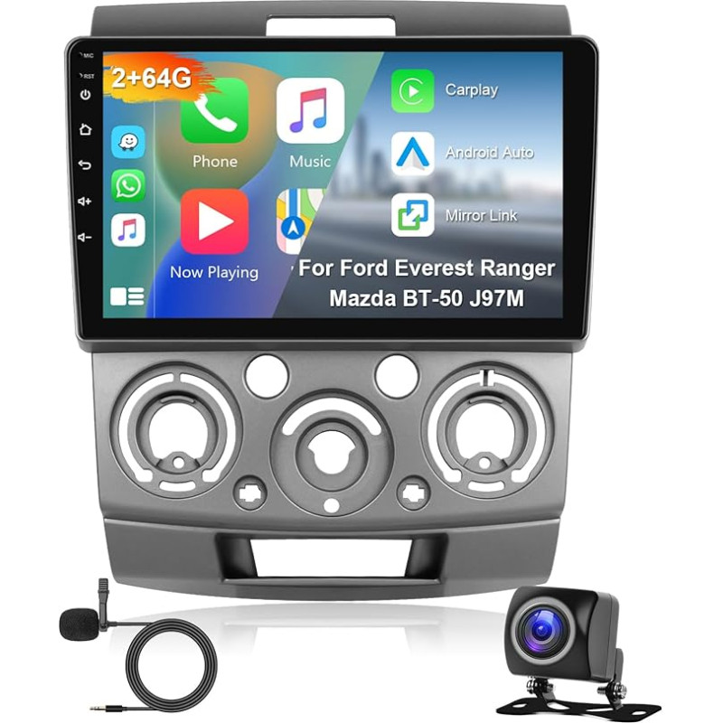 2G + 64G Android Car Radio for Ford Everest Ranger/Mazda BT-50 J97M 2006-2013 Carplay Android Car, 9 Inch Touchscreen with GPS Navigation WiFi Bluetooth Mirrorlink HiFi FM RDS Canbus Rear View