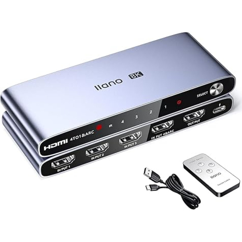 llano 2024 Updated Version HDMI Car Switcher 4K@120Hz 8K@60Hz with IR Remote Control, Switcher Selector 4 in 1 Out Supports ARC, CEC, HDCP2.3, 3D, HDR10+ VRR ALLM for PS5 and Xbox