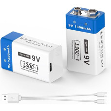 Įkraunamos 9 V baterijos, 1300 mAh polimerinės buitinės baterijos su C tipo įkrovimo kabeliu, skirtos dūmų detektoriams, belaidžiams mikrofonams ir kt. (2, 9 V, 1300 mAh)