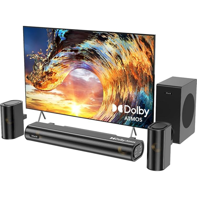 Hiwill 4.1ch Dolby Atmos Soundbar, 300 W Soundbar for TV Devices with Subwoofer, 2 Front Surround Speakers, Speaker for TV, Treble and Bass Adjustable, HiElite A41