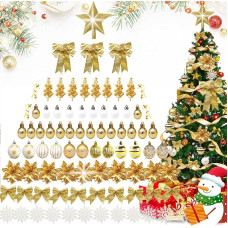 Kalėdų eglutės dekoracijos, Kalėdų eglutės papuošimai, Kalėdų puošmenos, 88 auksinių Kalėdų eglutės dekoracijų pakuotė su kalėdinėmis gėlėmis, snaigėmis, lanku, medžio viršūnės žvaigžde, skirta Kalėdų vainikui,