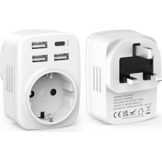 2 kelioninių adapterių pakuotė JK adapteris Anglija Vokietija kištukas su 1 x kintamosios srovės ir 1 x USB-C ir 3 x USB-A (3,4 A), kelioninis G tipo kištukinis lizdas, Jungtinės Karalystės ir Vokietijos ES kištukinio lizdo adapteris Anglijai, Škotijai, A