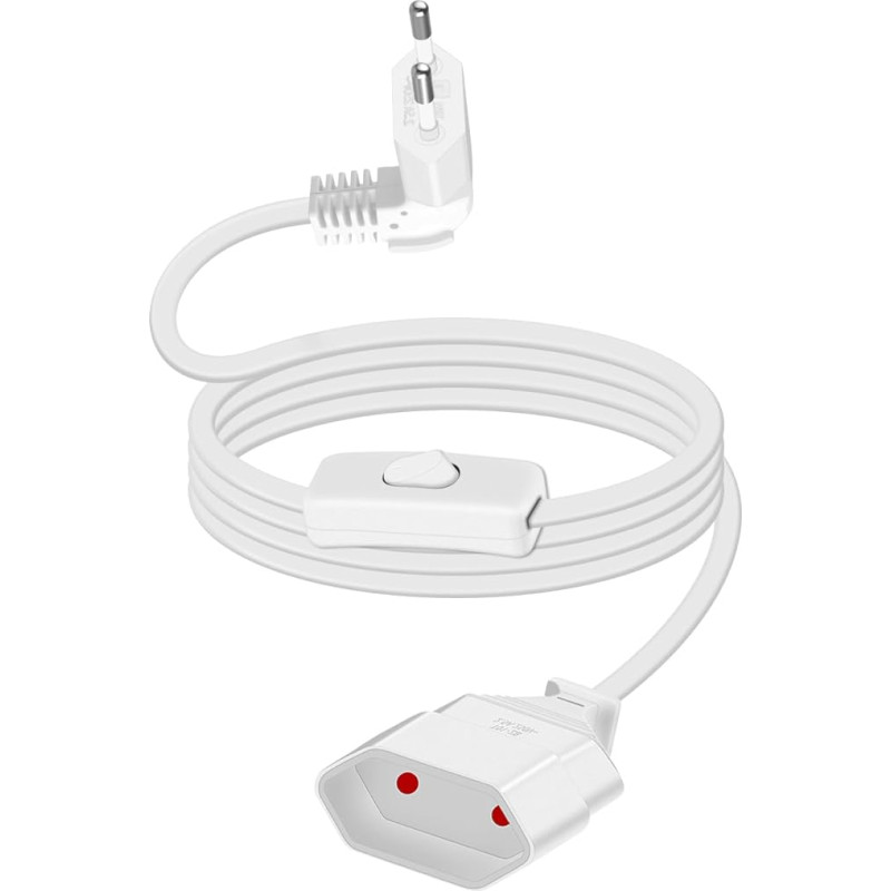 90 Degree European Power Cord with Switch Power Cable, 2.5 A 250 V Extension Cable, Power Cord with Flat European Plug and Switch, 2 x 0.75 mm² (White, Long)