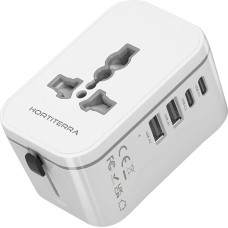 DE-traveladapterGeneral Hortiterra kelioninis adapteris su 4 USB prievadais ir kintamosios srovės kištukiniu lizdu - 1920 W universalus kelioninis kištukas, suderinamas su 100-240 V, skirtas JAV, ES, JK, AU, baltos spalvos