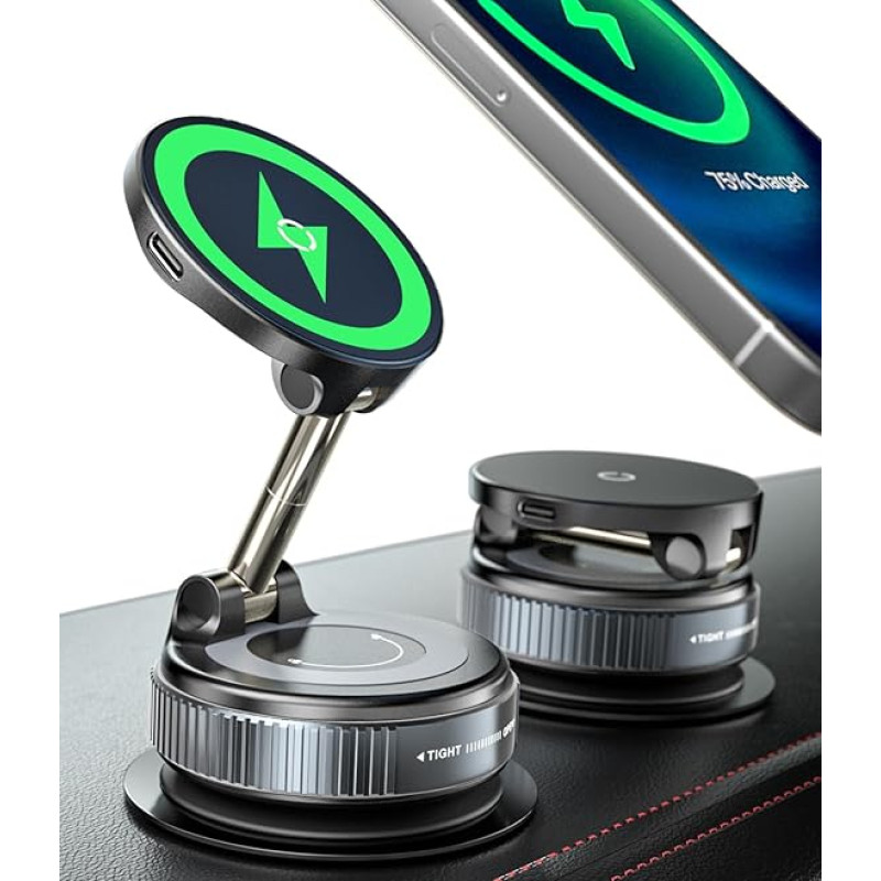 ALAFLY Magnetinis automobilinis telefono laikiklis [Belaidis įkroviklis] [Vakuuminis siurbtukas] 360° reguliuojamas ir sulankstomas, suderinamas su 