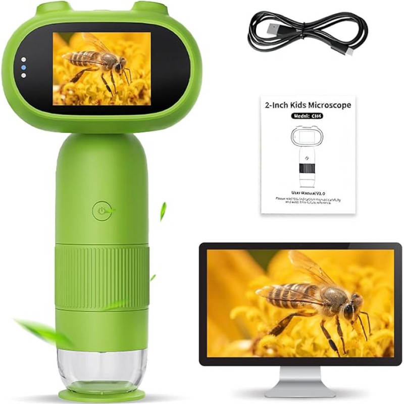 Auveach Mikroskopas vaikams 2,0 colių IPS ekranas 1000X, skaitmeninis mikroskopas Rankinis mikroskopas Nešiojamasis kišeninis mikroskopas Kalėdų gimtadienio dovanoms