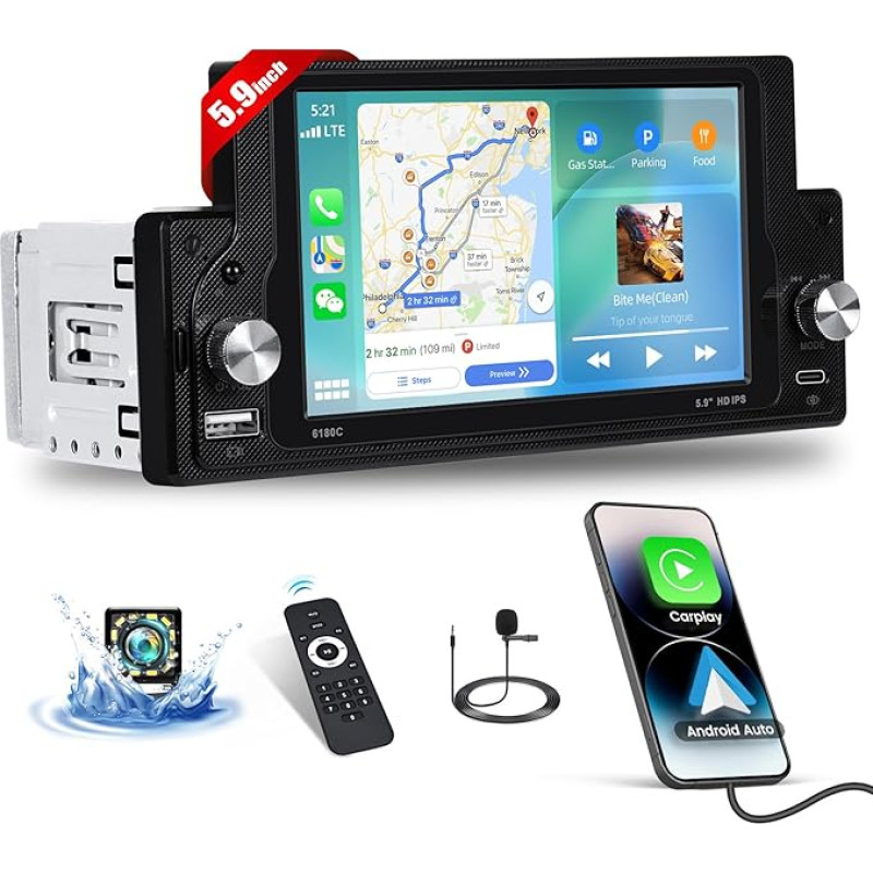 CAMECHO Carplay Car Radio 1 DIN with Carplay Android Car, 5.9 Inch Touch Screen Single DIN Car Radio with Bluetooth EQ FM/USB Steering Wheel Control + Reversing Camera & Mic