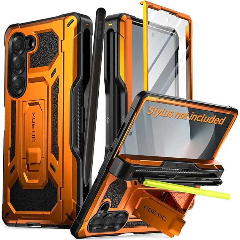 POETIC Spartan Case for Galaxy Z Fold 6, [Hinge Protection][Kickstand][Compatible with Fold 3/4/5/6 S Pen] Rugged All-Round Protective Case with Pen Holder, Screen Protector, Metallic Orange