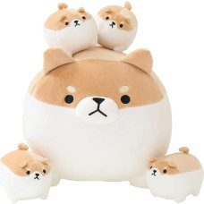SQEQE Pliušinių gyvūnų Shiba Inu pliušinis žaislas su 4 kūdikių Shiba Inu Plushies jos pilve, pliušinis medvilninis pliušinis gyvūnų žaislas dovana vaikams