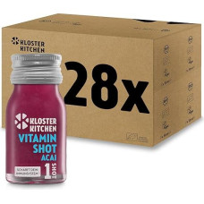 Kloster Kitchen Organic Vitamin Shot Berry Acai 1SHOT 28 x 30 ml with Real Ginger Pieces I Ginger Shot Vegan in the To Go Glass Bottle I Sweet Sharp without Additives and with Natural Sweetness