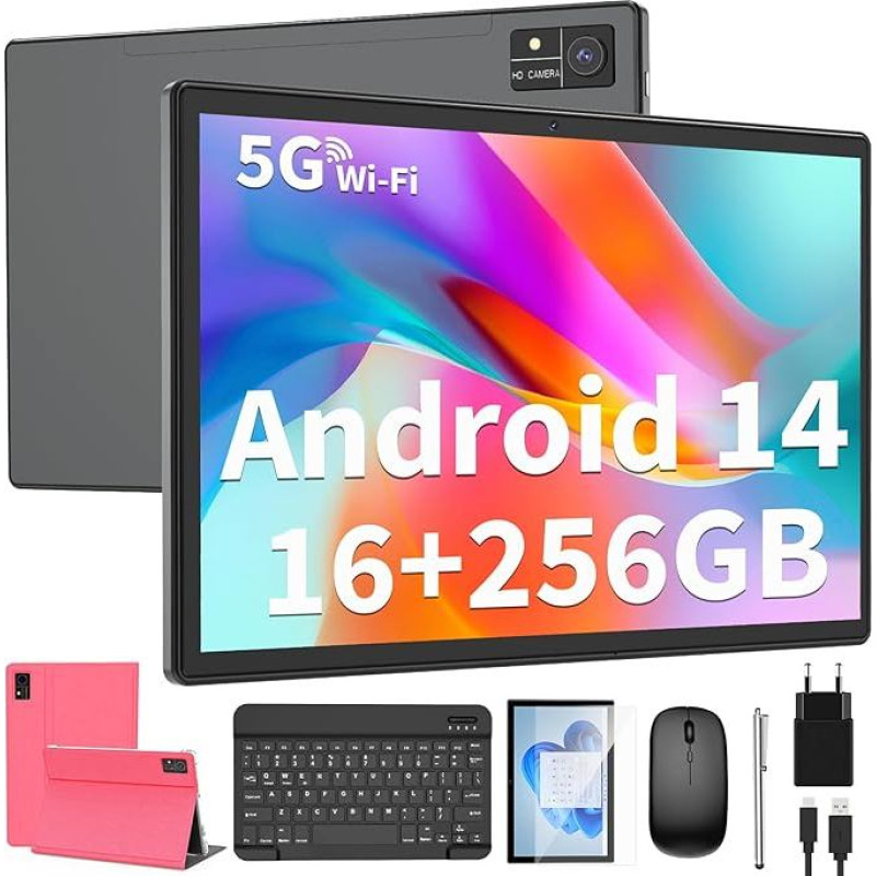 Android Tablet, 10 Inch Tablet Android 14 with Keyboard, 16GB + 256GB, 1TB Expand, Tablet PC with Octa-Core, 8000mAh, 2.4G/5G WiFi, 1280P FHD, GMS, 2-in-1 Tablet with Keyboard Case, Mouse, Stylus