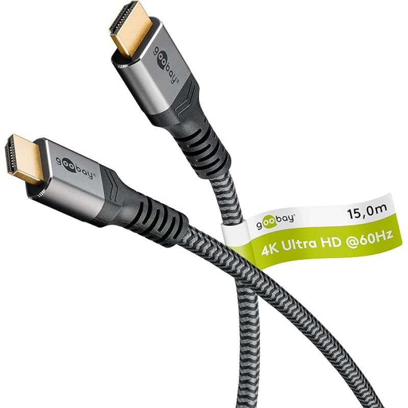 goobay High Speed 2.0 HDMI Cable with Ethernet - Gold-Plated Connectors, Ultra HD Resolutions up to 4K @ 50/60 Hz, HDMI Extension for Laptop, PS5, Xbox, Apple TV 4K, TV Accessories - 15 m Grey 64998