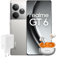 realme Smartphone GT6 256GB 8GB Fluid Silver EU + Buds Air 6 Flame Silver EU + SUPERVOOC 120W Power Adapter White