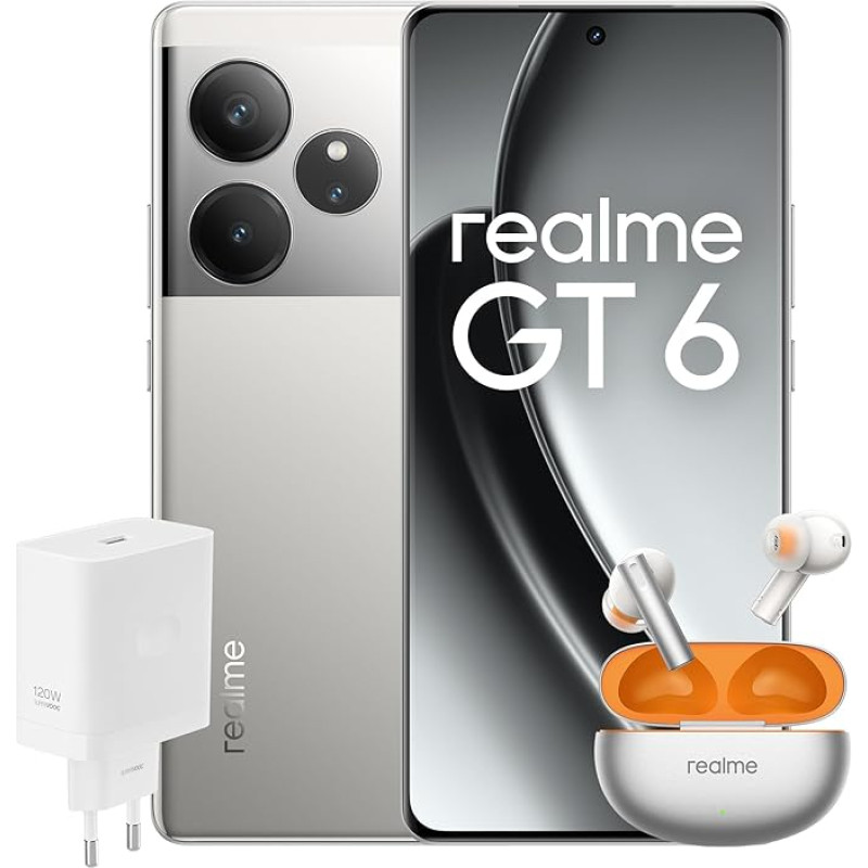 realme Smartphone GT6 256GB 8GB Fluid Silver EU + Buds Air 6 Flame Silver EU + SUPERVOOC 120W Power Adapter White