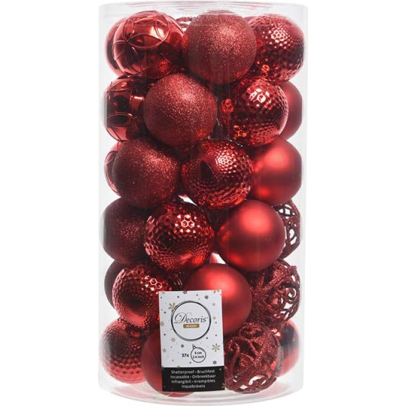 Tube of 37 decorative red baubles to decorate your Christmas tree, each bauble measures 6 cm, perfect for adding a festive and elegant touch to your Christmas decorations.