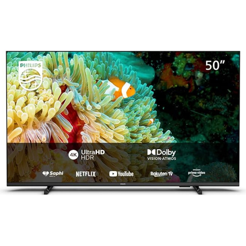 Philips 50PUS7607/12 126 cm (50 Zoll) Fernseher (4K UHD, HDR10+ kompatibel, 60 Hz, Dolby Vision & Atmos, Smart TV (Works with Google Assistant), Triple Tuner, Mattschwarz) [Modelljahr 2022]