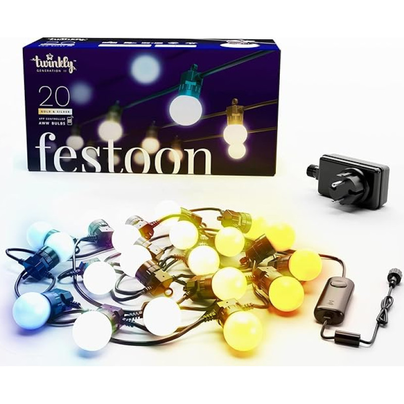 Twinkly Festoon 20 LED White Fairy Lights with 20 LED Bulbs, Outdoor and Indoor Lighting from Warm White to Cool White, Compatible with Alexa, Google Home, IP44, App Control, Black Cable, 10 m