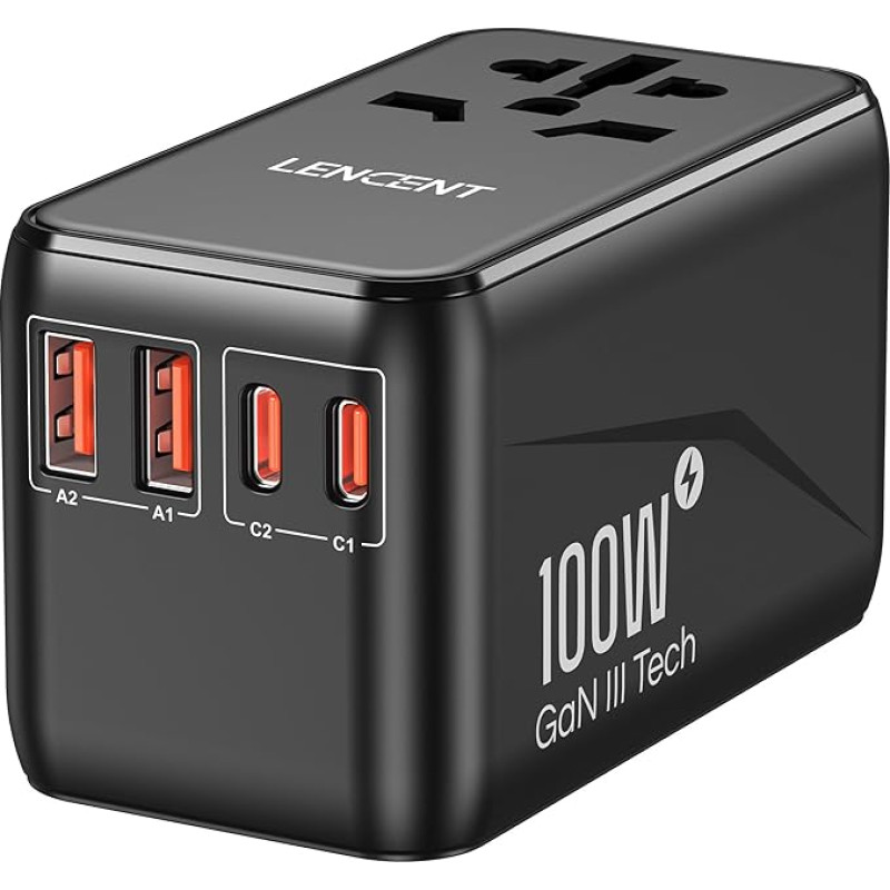 LENCENT Universal Travel Adapter 100W GaN3 International Travel Plug with 2 QC4.0 USB-A+2 PD3.0 Type-C PPS Fast Charging, Worldwide Wall Charger for USA/UK/EU/AU Sockets, Black