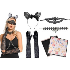 VKI® 4 Piece Lace Mask Set, Venetian Mask Women, Lace Cat Ears, Lace Necklace, Lace Gloves, Vampire Halloween Dressing, Carnival Masks Decoration