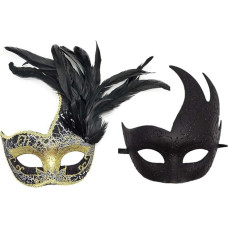 Awlsyj Couples Masquerade Mask Feather Mask Venetian Party Mask Carnival Halloween Costumes (Black Painted)