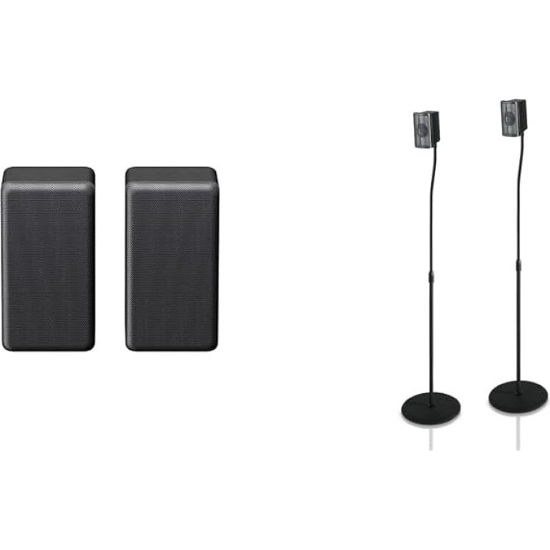 Sony SA-RS3S Wireless Dual Rear Speakers, Black & Hama Speaker Stands, Set of 2 (Height Adjustable up to max. 123 cm, Non-Slip, Each Load 5 kg, Hidden Cable Management) Black