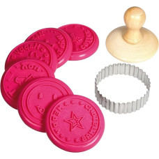 Rayher Hobby 28858000 Keksstempel Set, 8-teilig, 1 Stempelgriff, 1 Ausstechring, 6 Stempelköpfe aus Silikon 7 cm ø, Keksausstecher, rund, Rosa